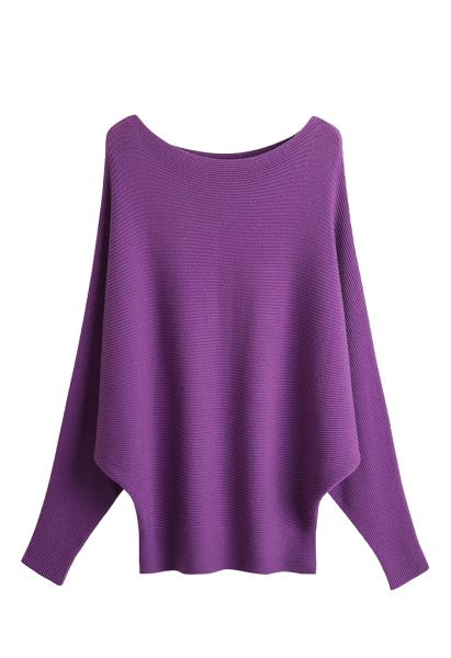 Boat Neck Batwing Sleeves Knit Top in Purple