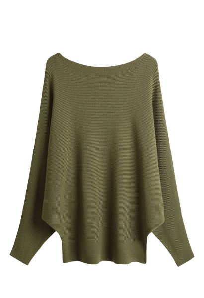 Boat Neck Batwing Sleeves Knit Top in Army Green