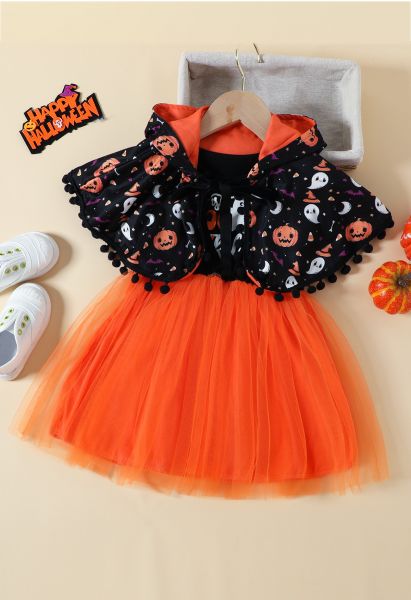 Kids' Halloween Ghost Pumpkin Mesh Dress with Hooded Cape 