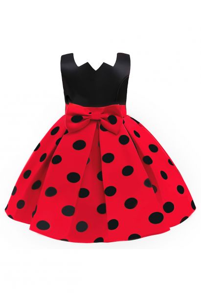 Polka Dot Bowknot Pleated Princess Dress in Red