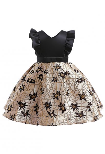 Girls' Jacquard Leaf Ruffle Bowknot Pleated Dress in Black