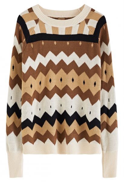 Multi-Color Zigzag Knit Sweater in Brown