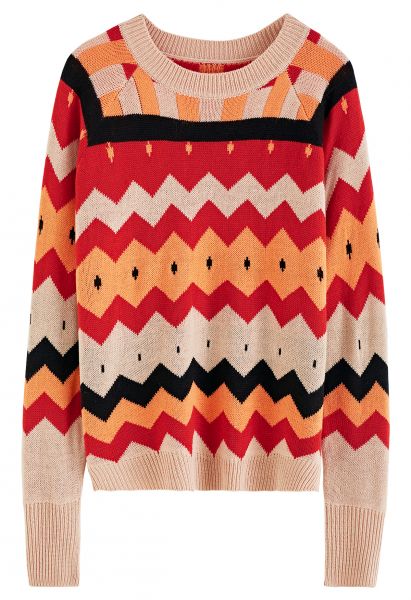 Multi-Color Zigzag Knit Sweater in Red