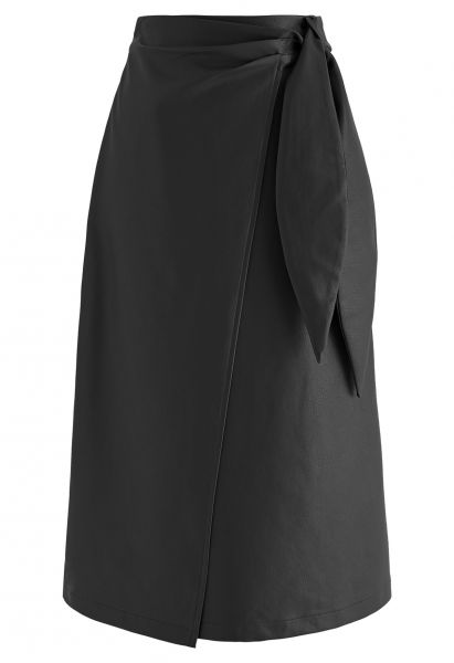 Faux Leather Tie-Waist Flap Midi Skirt in Black