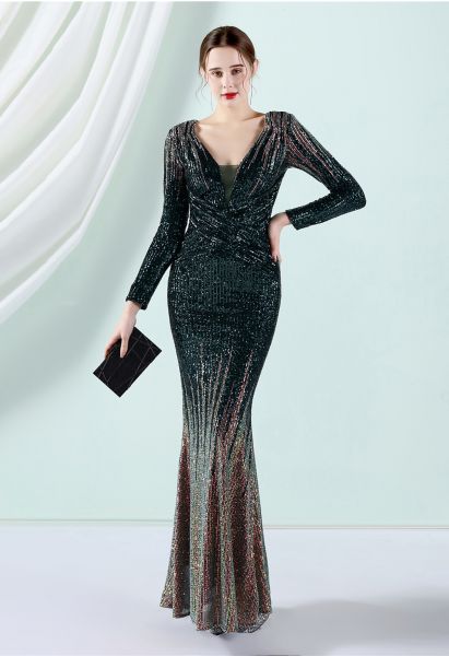 Full Sequin Two-Tone Crisscross Gown in Emerald