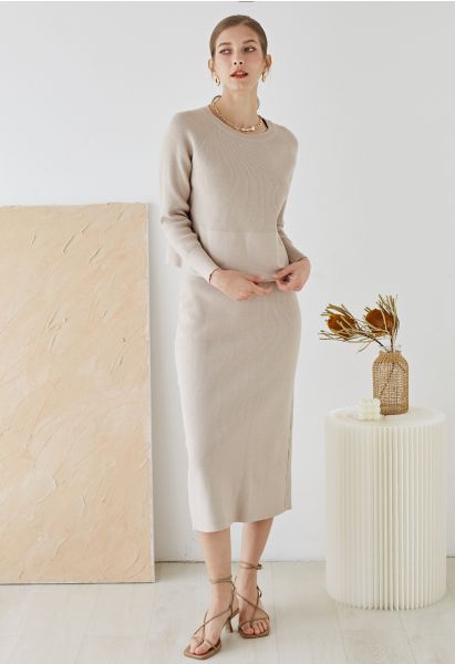 Comfy Ribbed Knit Top and Midi Skirt Set in Linen