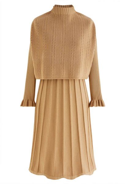 Mock Neck Pleated Knit Twinset Dress in Apricot