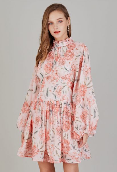 Cutout Back Floral Bubble Sleeve Frilling Dress in Blush