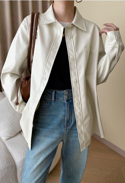 Casual Chic Faux Leather Shirt Jacket in Ivory