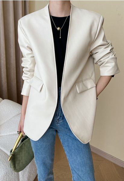 Simplicity Collarless Faux Leather Jacket in Ivory