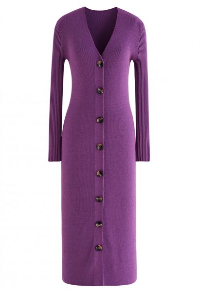 V-Neck Button Down Knit Midi Dress in Purple