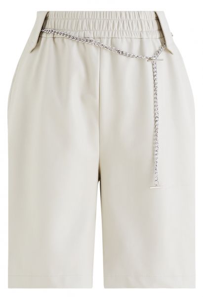 Silver Chain Faux Leather Shorts in Ivory
