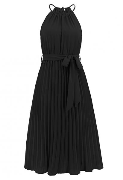 Halter Neck Tie Waist Pleated Dress in Black