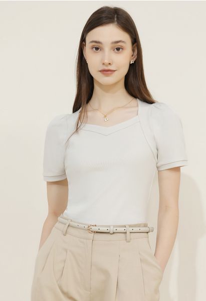HAPIMO Women's Fashion Shirts Geometric Print Tops Pleat Flowy Clothes for  Girls Petal Sleeve Tees Square Neck T-shirt Tummy Control Blouses White L