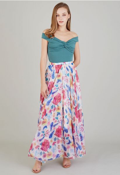 Colorful Blossom Printed Chiffon Maxi Skirt in Pink