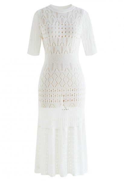 Sophisticated Crew Neck Pointelle Cover Up in White