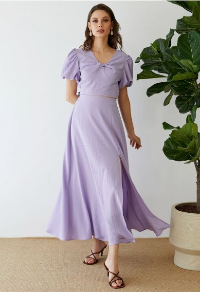 Twist V-Neck Crop Top and Maxi Skirt Set in Lilac