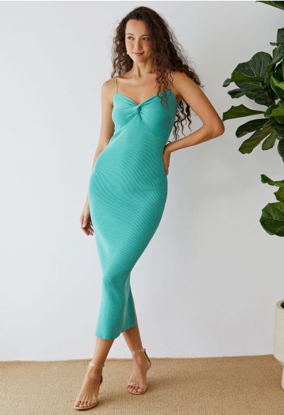 Twist Front Bodycon Knit Cami Dress in Turquoise