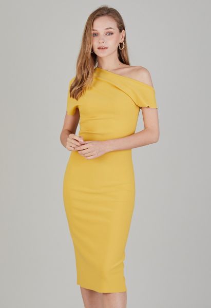 Slanted One-Shoulder Bodycon Dress in Yellow