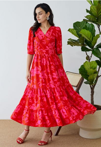 Red Floral Frilling Wrapped Dress