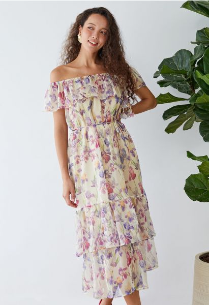 Floral Print Off-Shoulder Tiered Chiffon Dress in Lilac