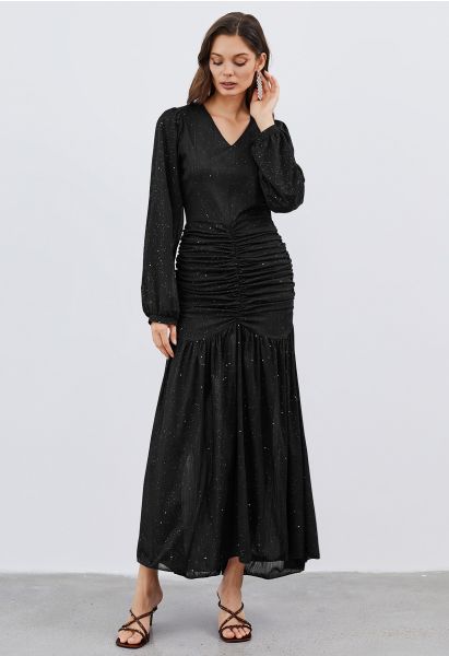 Glitter Ruched Frilling Maxi Dress in Black