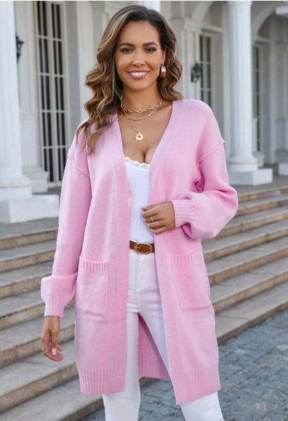 Casual Open Front Oversized Knit Cardigan with Pockets in Pink