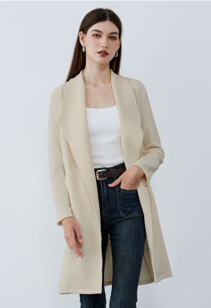 Lapel Open Front Quilted Cotton-Blend Coat in Oatmeal