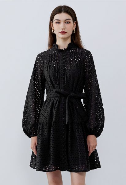 Floral Cutwork Button Down Belted Long-Sleeve Dress in Black