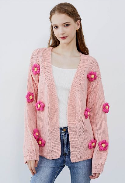 3D Stitch Flower Open Front Knit Cardigan in Pink