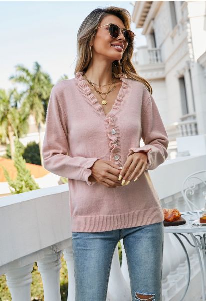 Ruffle Edge Button Front Knit Sweater in Pink