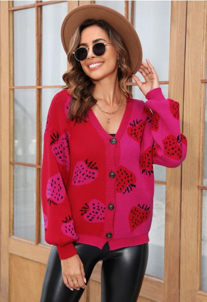 Two-Tone Strawberry Button Down Cardigan in Hot Pink