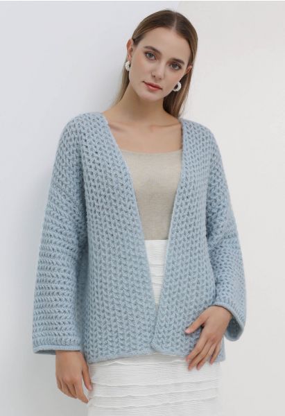 Open Front Hollow Out Knit Cardigan in Blue