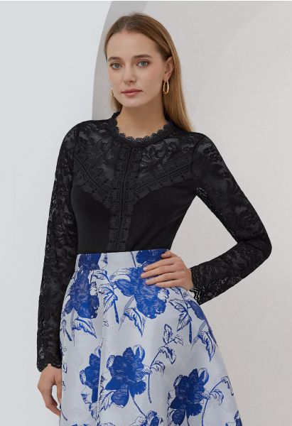Ethereal Floral Lace Spliced Knit Top in Black