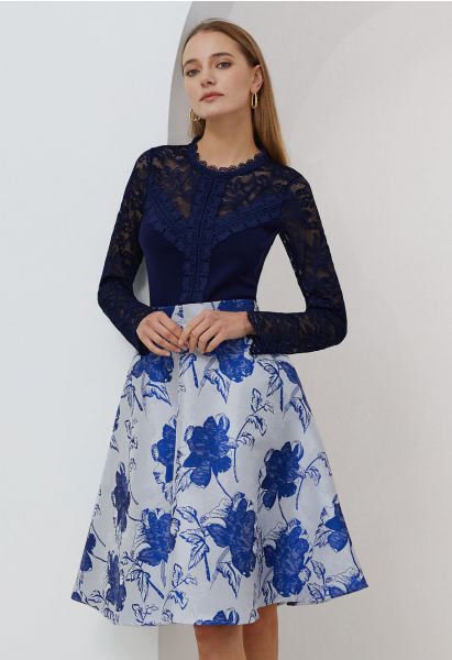Blue Blossom Jacquard A-Line Midi Skirt