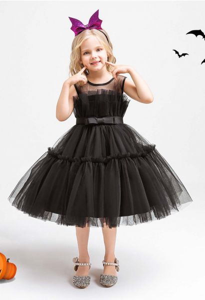 Bowknot Waist Tulle Dress in Black for Kids