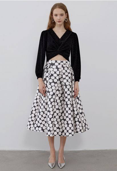 Contrast Polka Dots A-Line Pleated Midi Skirt
