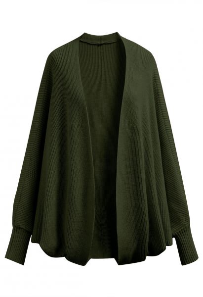 Batwing Sleeves Open Front Knit Cardigan in Army Green