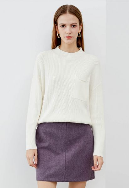 Patch Pocket Ribbed Knit Sweater in White