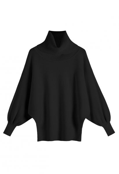 Turtleneck Batwing Sleeves Rib Sweater in Black