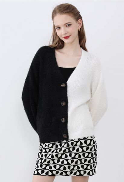 Bicolor Fuzzy Knit Button Up Cardigan in Black