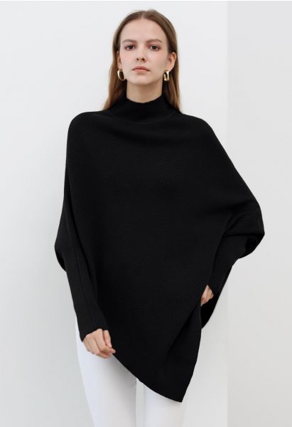Asymmetric Batwing Sleeve Ribbed Knit Poncho in Black