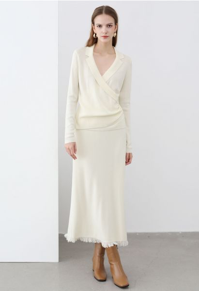 Fringed Hemline Soft Knit Maxi Skirt in Ivory