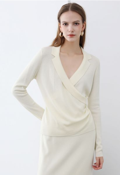 Collared Surplice Neck Wool-Blend Top in Ivory