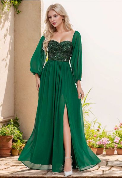 Sparkling Sequin Bubble Sleeve Chiffon Gown