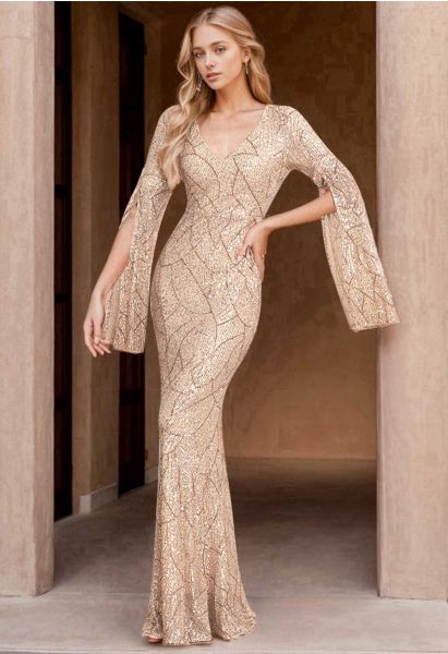 Charming Champagne Sequin Split Sleeves Gown