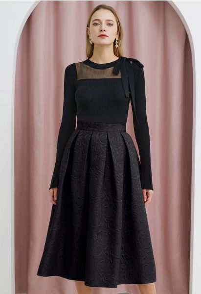 Embossed Floral Pleated Flare Midi Skirt in Black