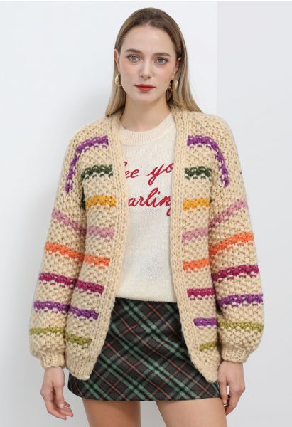Colorful Stripe Open Front Hand Knit Cardigan