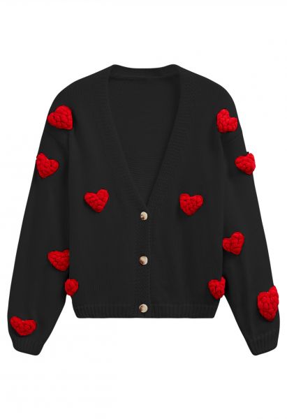 Romantic 3D Heart Knit Cardigan in Black