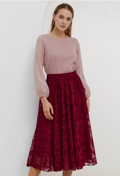 Sophisticated Floral Mesh Tulle Midi Skirt in Burgundy